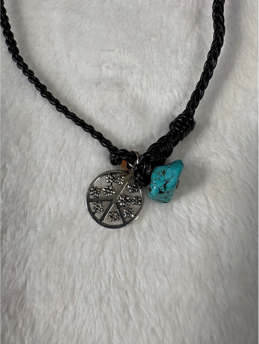 Vtg 925 Sterling Silver Floral Peace Sign Turquoise Leather Cord Choker Necklace